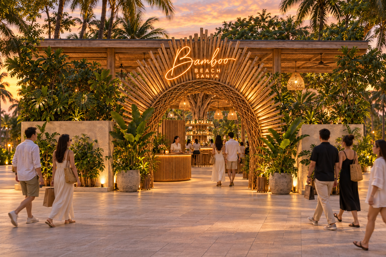 Full Bamboo Beach Sanya entrance concept with illuminated signage